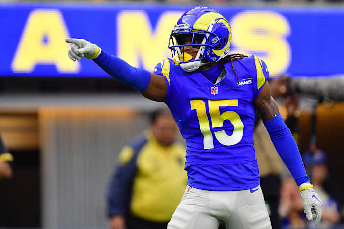 Dec 17, 2023; Inglewood, California, USA; Los Angeles Rams wide receiver Demarcus Robinson (15) reacts after running the ball for first down against the Washington Commanders during the first half at SoFi Stadium.